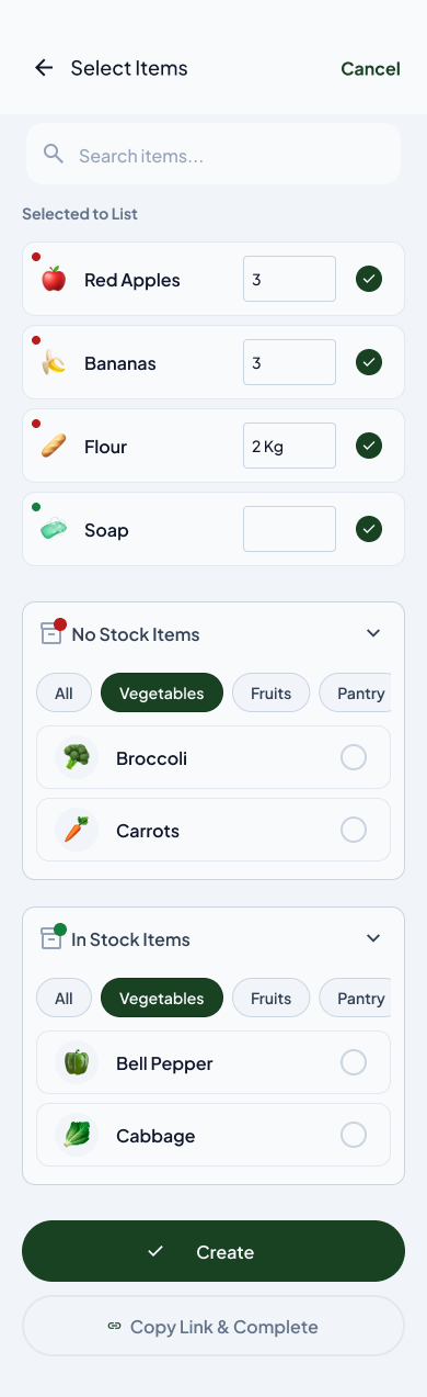 Select Items screen